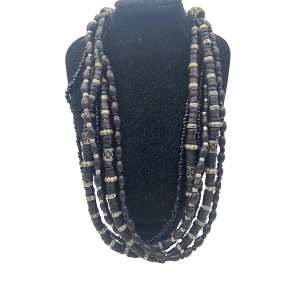 Chicos Jewelry - Chicos Signed Multi Strand Black Wood Bead Statement Necklace Rhinestone Boho